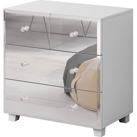 Kommode mit 4 Schubladen, weißer Korpus und mit Spiegeln verkleidete Fronten aus der Kollektion LIVORA.