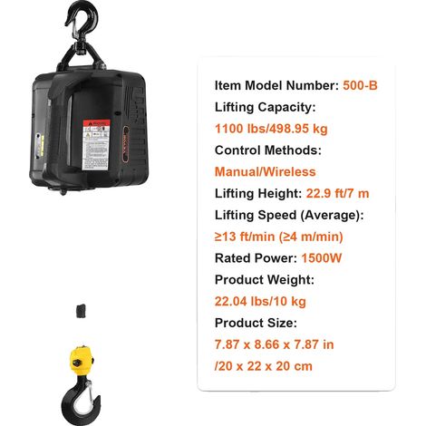 Treuil Électrique, Capacité de 1100 lbs, Télécommande Sans Fil, 500-B (1/2)