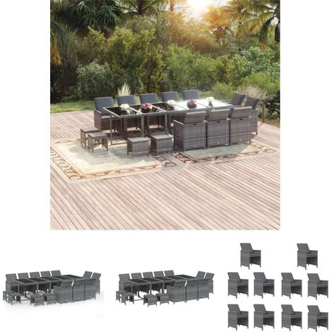 Gartenstuhl - vidaXL 15-tlg. Garten-Essgruppe mit Kissen Poly Rattan Grau - Gartenmöbel für den Außenbereich (1/5)