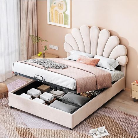 Cadre de lit beige en upholstered 203 x 140 x 119 cm (1/5)