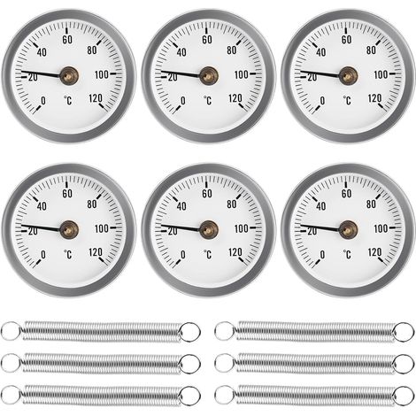 Lot de 6 thermomètres de pose 63 mm 0-120 °C - Avec ressort à clip - Bimétal - Thermomètre de cheminée - Thermomètre pour systèmes de chauffage et chaudières (1/5)