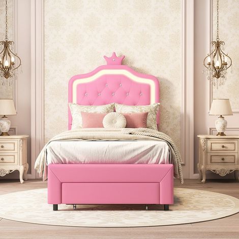 Letto Singolo per Bambini 90x200 cm con LED e Cassetto, Letto Imbottito in Similpelle con Testiera a Corona, Stile Principessa Moderno, Rosa (1/5)