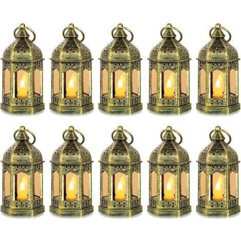 Mini Lanterne LED Exterieur - Lot de 10 Lanterne Bougie doré Decorative Bougeoir pour Halloween, Mariage, Noel, Decoration de Table, Piles Incluses (1/5)