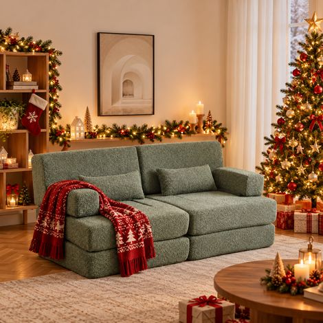 Canapé convertible 2 places - fauteuil-lit modulaire 2-en-1 - chenille et métal - Vert (1/3)