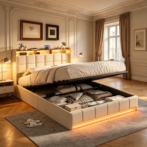 Letto imbottito 140x190 cm in lino con LED regolabile e USB, letto matrimoniale moderno con rete a doghe