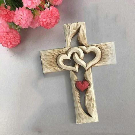 Croix sculptée en résine, cœurs entrelacés, croix d'amour, décoration murale sculptée à la main, croix sculptée, décorations de Pâques (1/5)