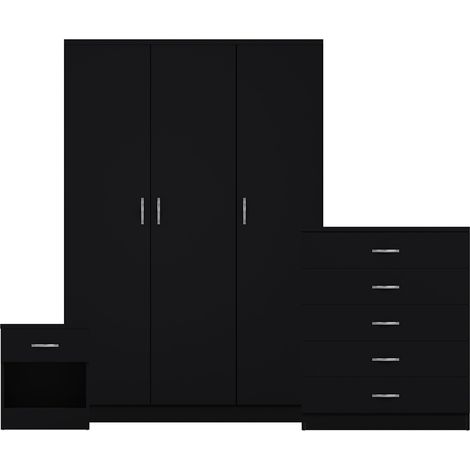 Riano 3 Piece Bedroom Set (1 Drawer Bedside Chest, 5 Drawer Chest, 3 Door Wardrobe), Black (1/3)