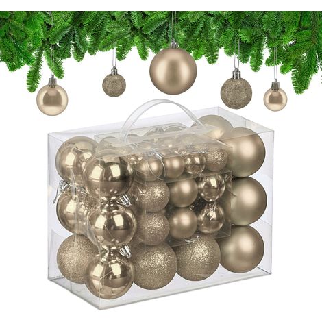 Relaxdays Palline di Natale, Set 50 Palle Albero, Addobbi Natalizi, Sfere in Plastica Opache, Lucide, Glitter, Champagne (1/5)