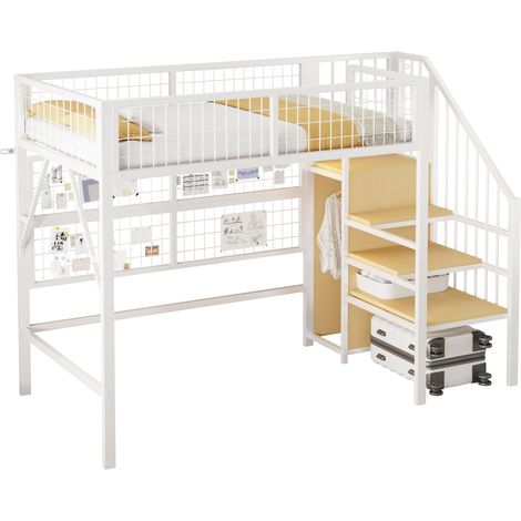 Letto a soppalco in metallo 90 x 200 cm con LED controllate da app, scala contenitore, bianco (1/5)