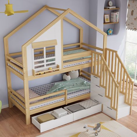 Kinder-Etagenbett 90x200 cm mit Stauraum, weiß und Natur HAVRYA (1/5)