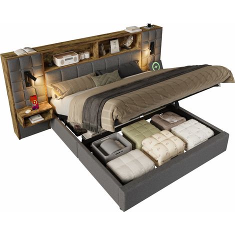 Letto contenitore matrimoniale 180x200 cm grigio con LED, 2 lampade da lettura, 2 comodini integrati, porte USB e Type-C, rete inclusa, design vintage, CHICFURN (1/5)