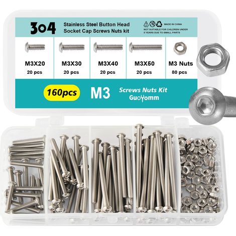Lot de 160 vis M3 à six pans creux - Écrous à tête bombée - En acier inoxydable 304 - Boulons mécaniques entièrement filetés dans une boîte combinée - Longueurs : 20 mm, 30 mm, 40 mm, 50 mm (1/5)
