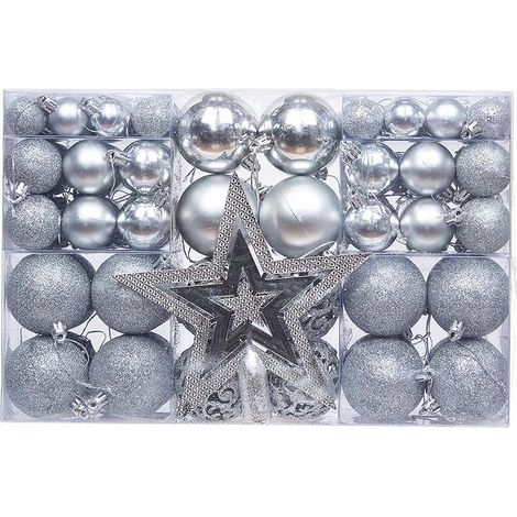 Paquete de 101 adornos de árbol de Navidad de plástico resistente, decoraciones navideñas para interior y exterior, color plata (1/5)