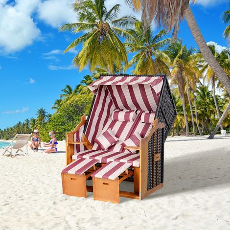 Sedia da spiaggia Mar Baltico, completamente reclinabile, 2 posti, in legno di abete, schienale regolabile in 5 posizioni, sedia da spiaggia con poggiapiedi e tavolini laterali, vimini in PE, sedia da