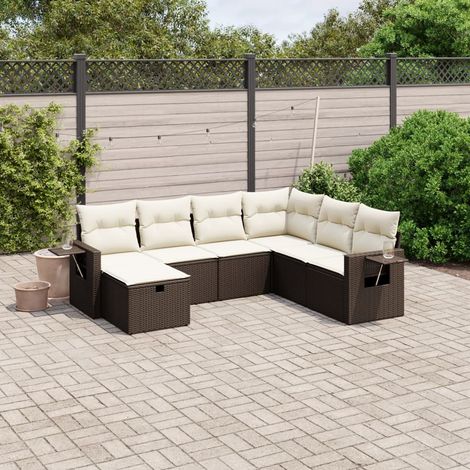 Ensemble Salon Jardin 7 Places Brun Résine Tressée avec Coussins Blanc Crème (1/4)