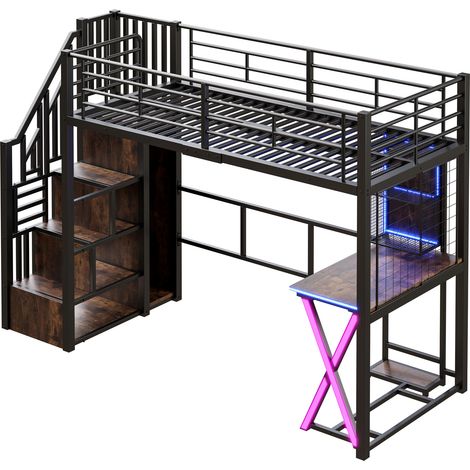 Lit mezzanine, 90200cm, avec éclairage LED, échelle de rangement, bureau, armoire, étagères, sans matelas, noir (1/5)