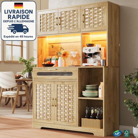 Buffet - Haut meuble 120 x 40 x 180 cm en MDF finition naturel — portes verre tressé, éclairage LED pilotable, prise USB, rangements modulables (1/5)