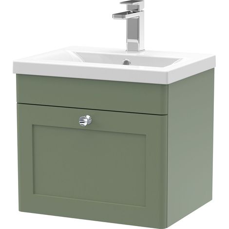 Swynnerton Traditional 1 Drawer Wall Hung Vanity Unit with Mid-Edge Basin, Satin Green, 500mm (1/4)