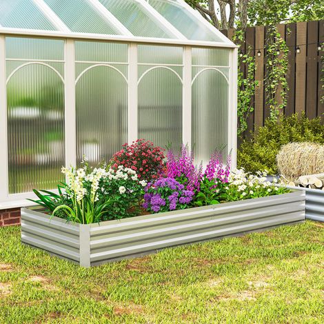 Großer rechteckiger Pflanzkübel aus verzinktem Stahl für den Außenbereich, geeignet für Terrasse und Garten, mit offenem Boden, 241 x 90,5 x 30 cm, Silber
