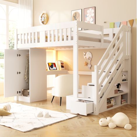 Bett Hochbett Stauraum 140x200 Holz Weiß HAVRYA