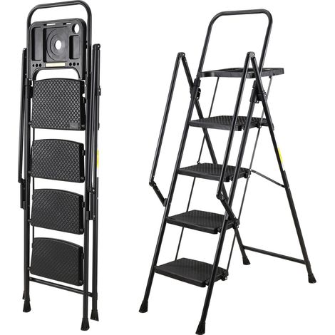 Escabeau pliant 4 marches en acier avec marches larges antidérapantes et main courante, charge 150 kg, noir (1/5)