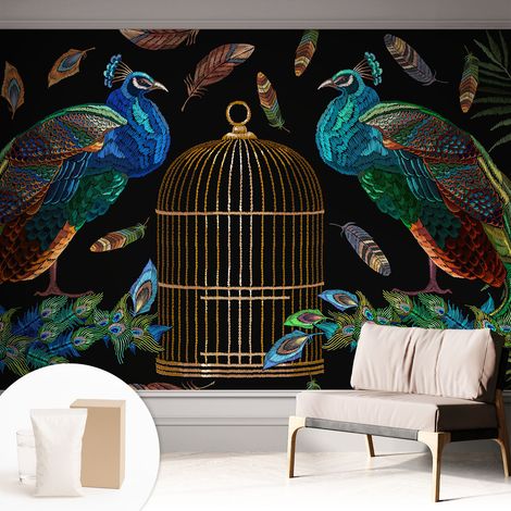 Papier peint intissé décoratif pour chambre et salon Design moderne à poser facilement - Colle incluse gratuite Image de paon 312x219 cm (1/5)