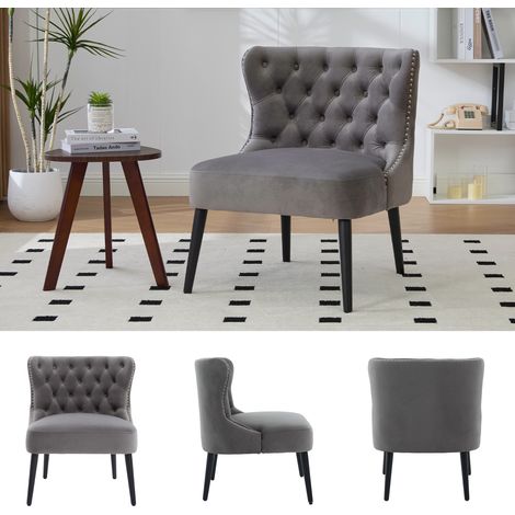 Fauteuil velours gris design moderne sans accoudoirs garniture cloutée pieds bois massif