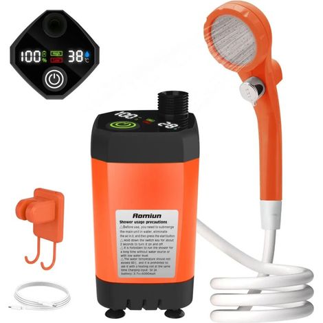 (Orange 7800mAh) Pompe de douche de camping, kit de douche extérieure pour camping-car, douche de camping avec affichage numérique intelligent et réglable