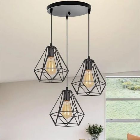 U-Do Rétro Suspension Luminaire Ajustable Industriel 3 Lampes Lustre Abat - Jour Cage forme Diamant en Métal Noir Lampe Disque pour (1/4)