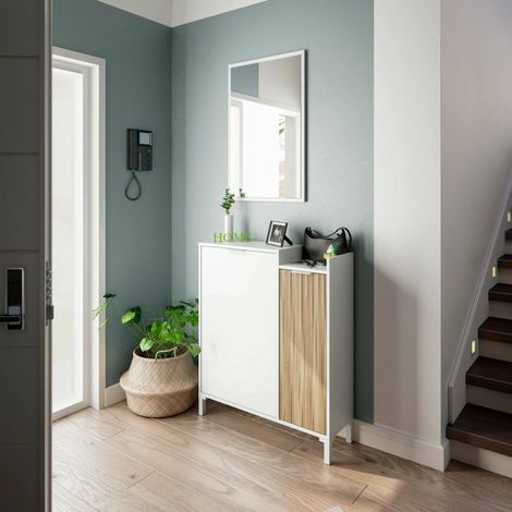 Dmora - Mueble recibidor Williamsport, Recibidor con 2 puertas, Armario con espejo, Almacenamiento multifunción, 77x24h91 cm, Blanco y Roble (1/5)