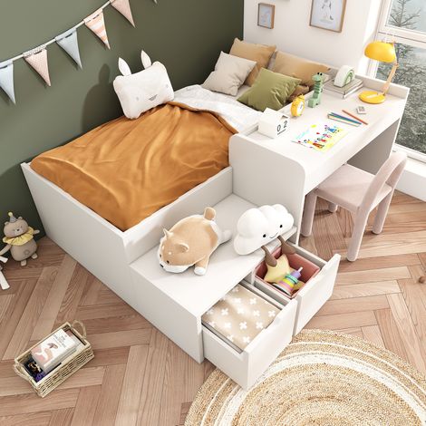 Letto singolo per bambini con scrivania e 2 cassetti, 90x200 cm, legno massello e MDF bianco, con testiera e rete a doghe (1/5)