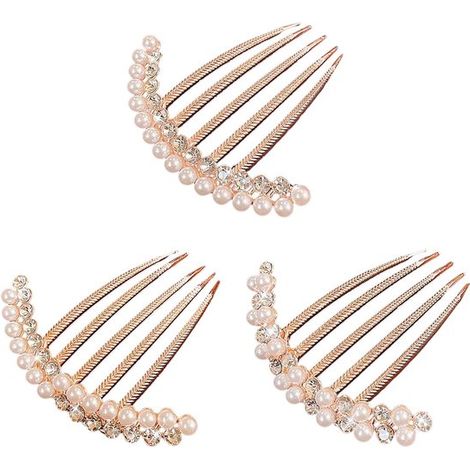 Conjunto de accesorios para el cabello (3 piezas) - Peineta de perlas - Oro rosa (1/5)