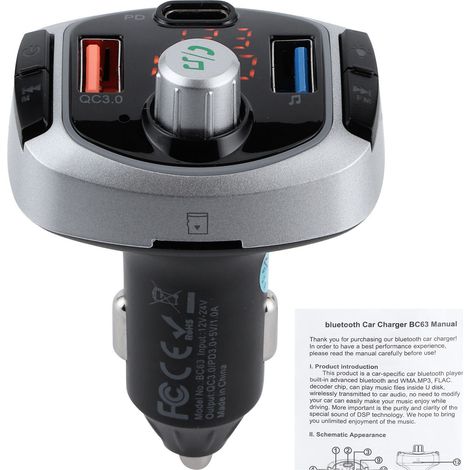 Transmetteur FM Bluetooth 5.0 avec lecteur MP3, appel mains-libres, lumière colorée, double écran, charge rapide PD3.0 QC3.0 (1/5)