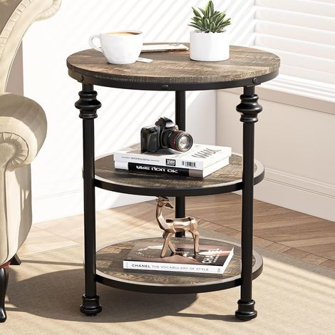 Table d'appoint à colonnes romaines tailles mixtes en fer et MDF, couleur chêne foncé (1/5)