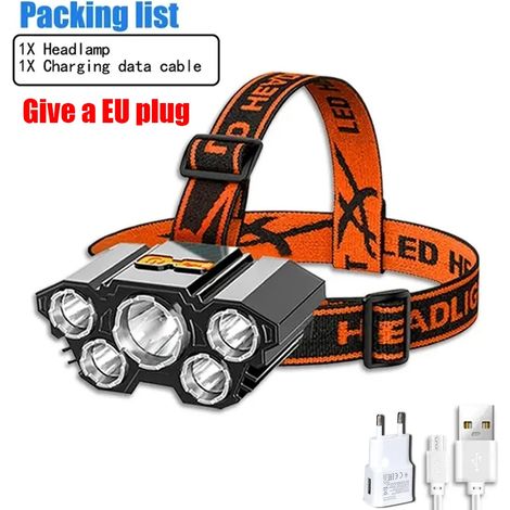 Lampe frontale rechargeable USB (5 LED - Prise UE) à haute luminosité avec 8 LED, 4 modes d'éclairage, étanche IPX4. (1/5)