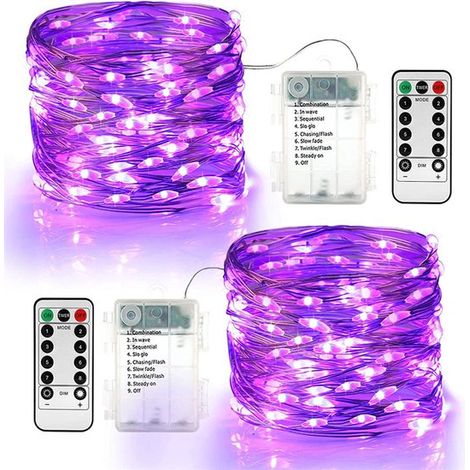 Juego de 2 guirnaldas de luces LED a pilas, 10 m, 100 LED, con mando a distancia, 8 modos de iluminación, resistente al agua IP20, Morado oscuro (1/5)