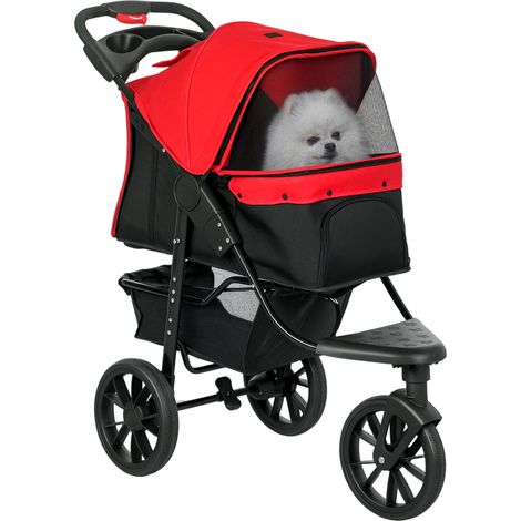 Poussette pliable pour chien jusqu'à 10 kg, 3 roues, fenêtres en filet, porte-gobelet et panier de rangement, 109,5 x 57,5 x 106,5 cm, rouge