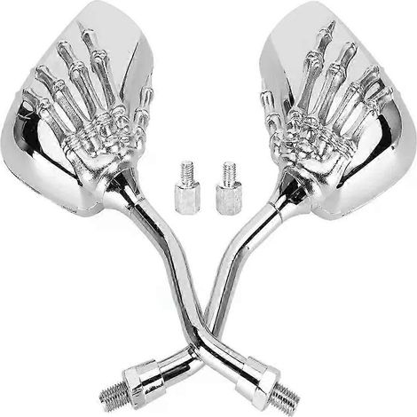 1 Paar silberne Universal-Motorrad-Rückspiegel in Totenkopfform, universell passend für 8 mm/10 mm. Geeignet für die Montage und Verwendung an Mo-JXLGV. (1/5)