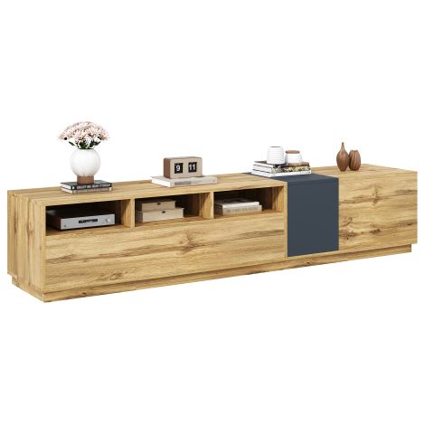 Un meuble TV moderne aux couleurs contrastées. Il présente un design simple et à fort contraste, doté de compartiments ouverts et de passages de câbles.