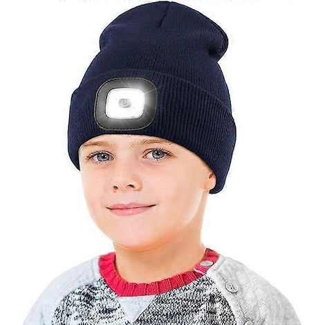 Bonnet avec lampe pour enfants, lampe frontale LED rechargeable USB mains libres, bonnet d'hiver tricoté avec veilleuse et lampe de poche bleue (1/5)