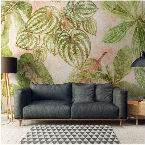Sfondo fotografico Profhome 382421 Carta da parati TNT goffrata a caldo liscia con design giungla opaca verde rosa 3,71 m x 2,8 m (1/4)