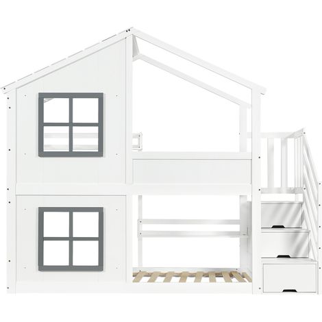 Kinder-Etagenbett 90 x 200 cm mit Dach, Fenstern und Stauraumtreppe, Weiß/Grau HOMVRA (1/5)