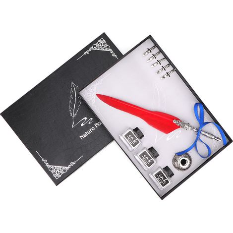 Lot de 8 plumes rétro calligraphie rouge avec encrier cadeau. (1/5)