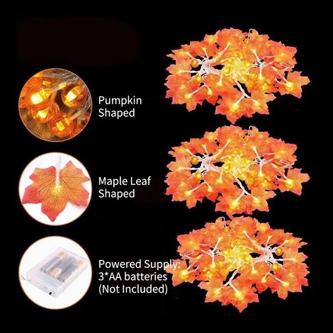 6 Meter lange Halloween-Lichterkette mit 40 LEDs in Form eines Kürbisses und eines Ahornblatts, dekorativ, zum Aufhängen, warmweiß, wasserdicht, batteriebetrieben. (1/2)