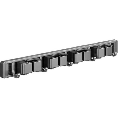 Estante de pared para fregonas y escobas，Estante de almacenamiento resistente y duradero para artículos de limpieza，2 ranuras，3 ganchos (1/5)