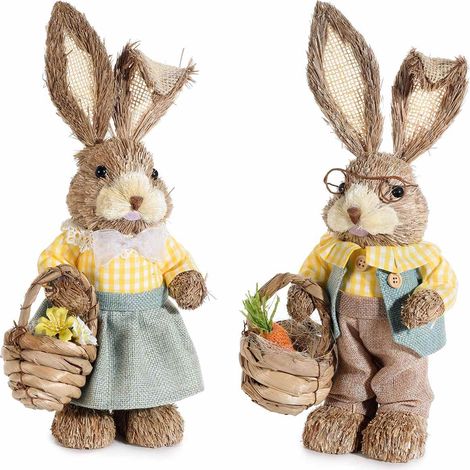Coppia di coniglietti di Pasqua in fibra naturale con cestino, ideali per vetrine di Pasqua, set da 2 pezzi, cm16x9,5x33H (orecc.estese)