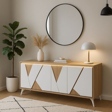 Buffet bahut moderne 225cm coloris chêne et blanc OSTENDE (1/4)