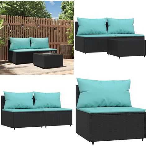 3-tlg. Garten-Lounge-Set mit Kissen Schwarz Poly Rattan - Gartensorte - Loungemöbel - Gartenmöbel - Outdoor Möbel - Balkonmöbel - Home & Living (1/5)