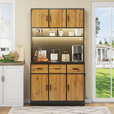 Buffet de cuisine 100x40x180 cm noir et naturel en MDF avec LED, prises USB, rangements et étagères réglables (1/5)