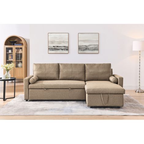Hobag – Canapé d'angle réversible convertible avec coffre – 4 places – Dimensions L225xH85xP145 cm – Tissu taupe – Style contemporain